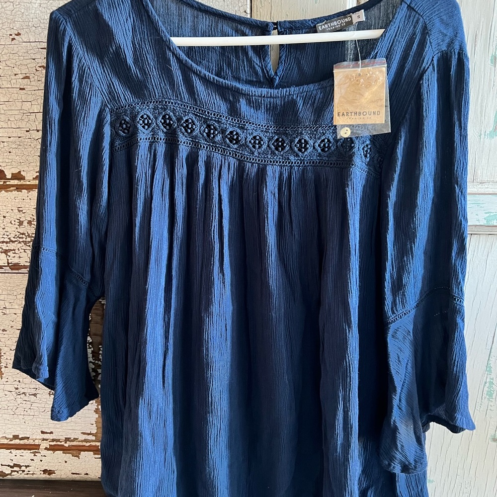 EARTHBOUND Navy Blouse with Crochet Detail
